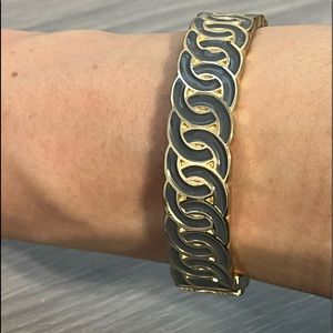 Vintage Gold and Gray Enamel Hinged Bangle Bracelet with Circular Pattern